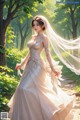 A woman in a wedding dress walking through a forest.